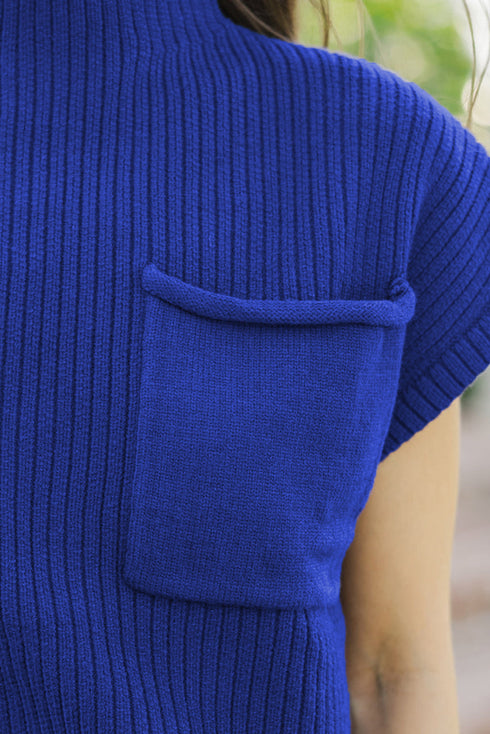 Ribbed Mock Neck Patch Pocket Drop Shoulder Short Sleeve Sweater